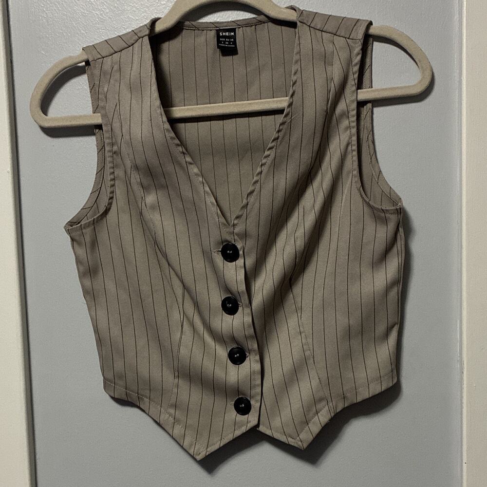 SHEIN Women’s Beige Pinstripe Button-Front V-Neck Sleeveless Vest S Polyester